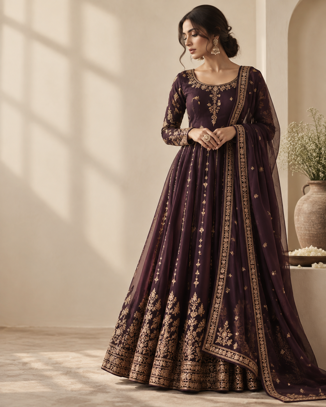 Woman wearing a custom plum anarkali by Huroof Collection